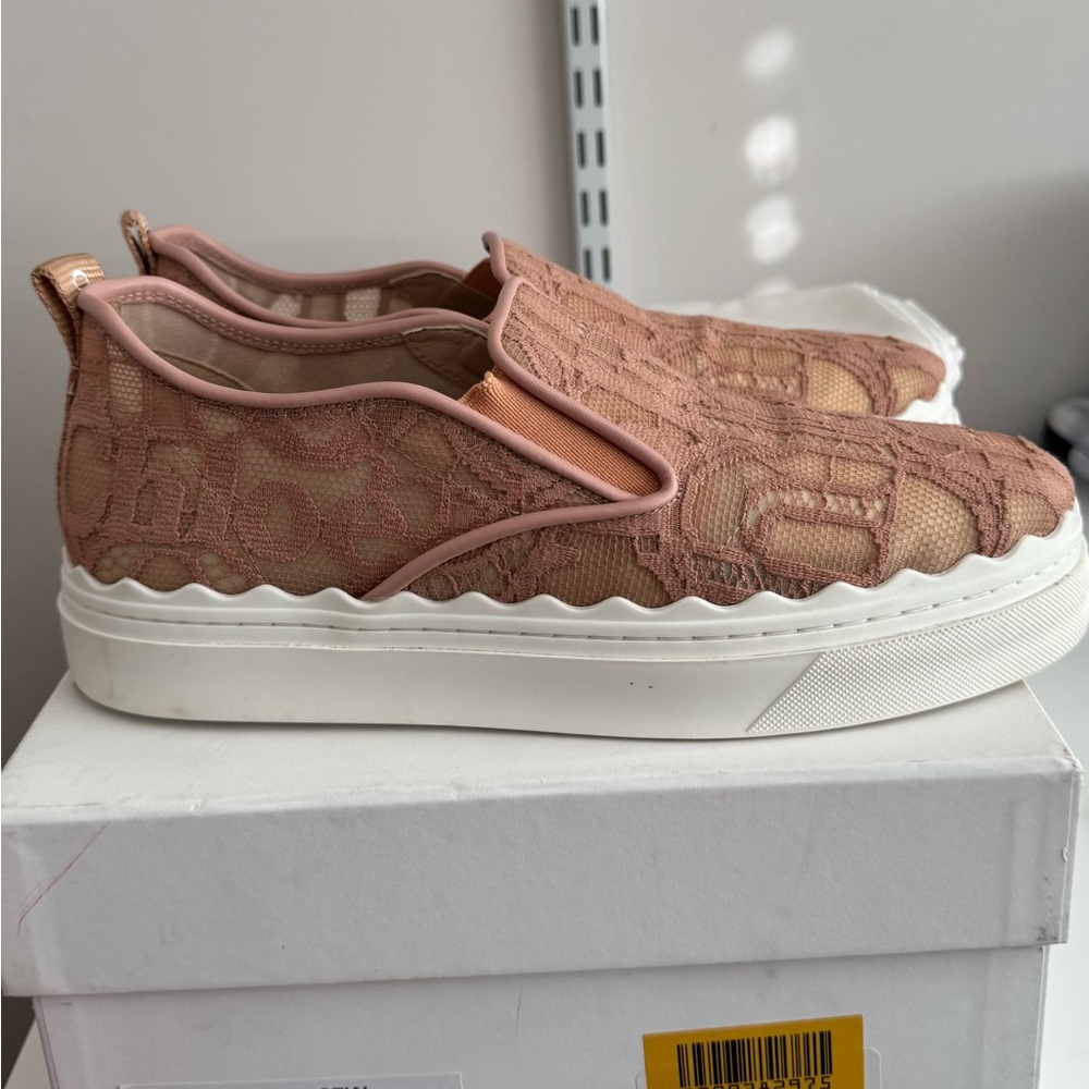 CHLOE Lauren Lace Mesh Logo Scallop Low Top Nama Woody Slip On Flat Sneaker
